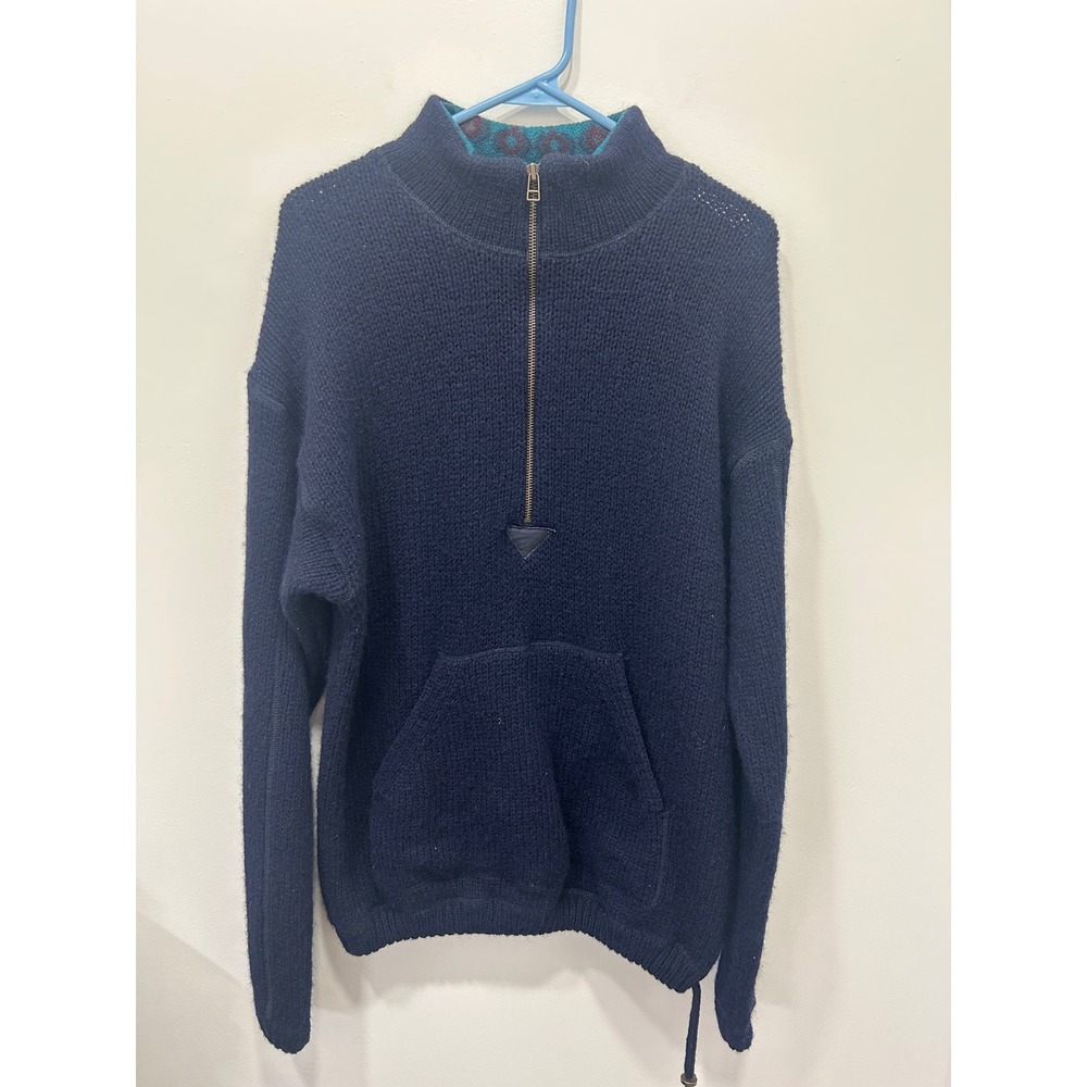 LL Bean Vintage Mens Navy Blue 100% Wool Quarter Zip Sweater Aztec Collar‎ Med